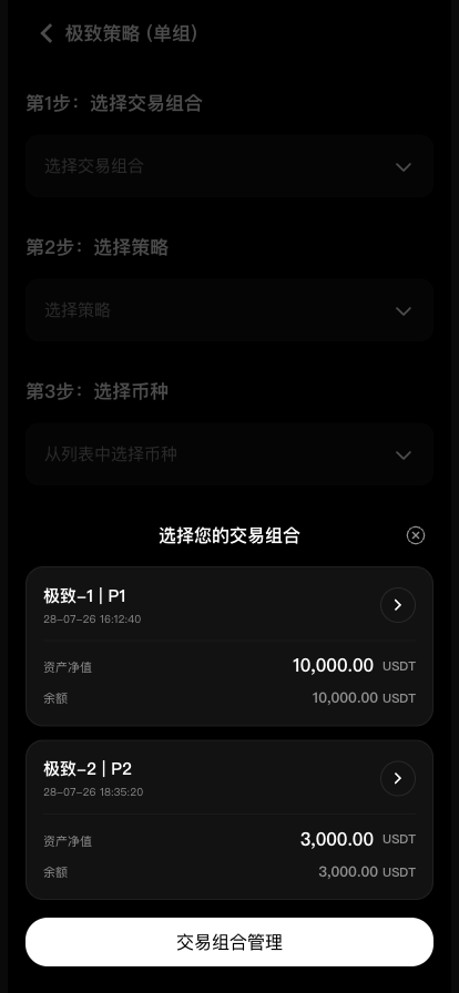 交易组合选择列表，标出资产净值与余额
