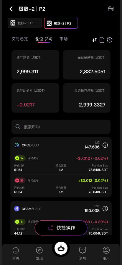 仓位页签：每个币种多空双向持仓，12 币种共 24 条